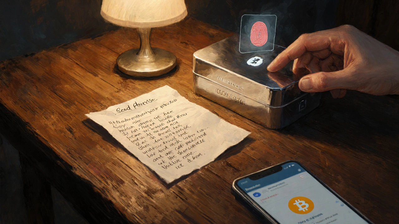 Hand legt eine Seed‑Phrase in eine feuerfeste Box, neben einem Bitcoin‑Smartphone‑Hinweis.