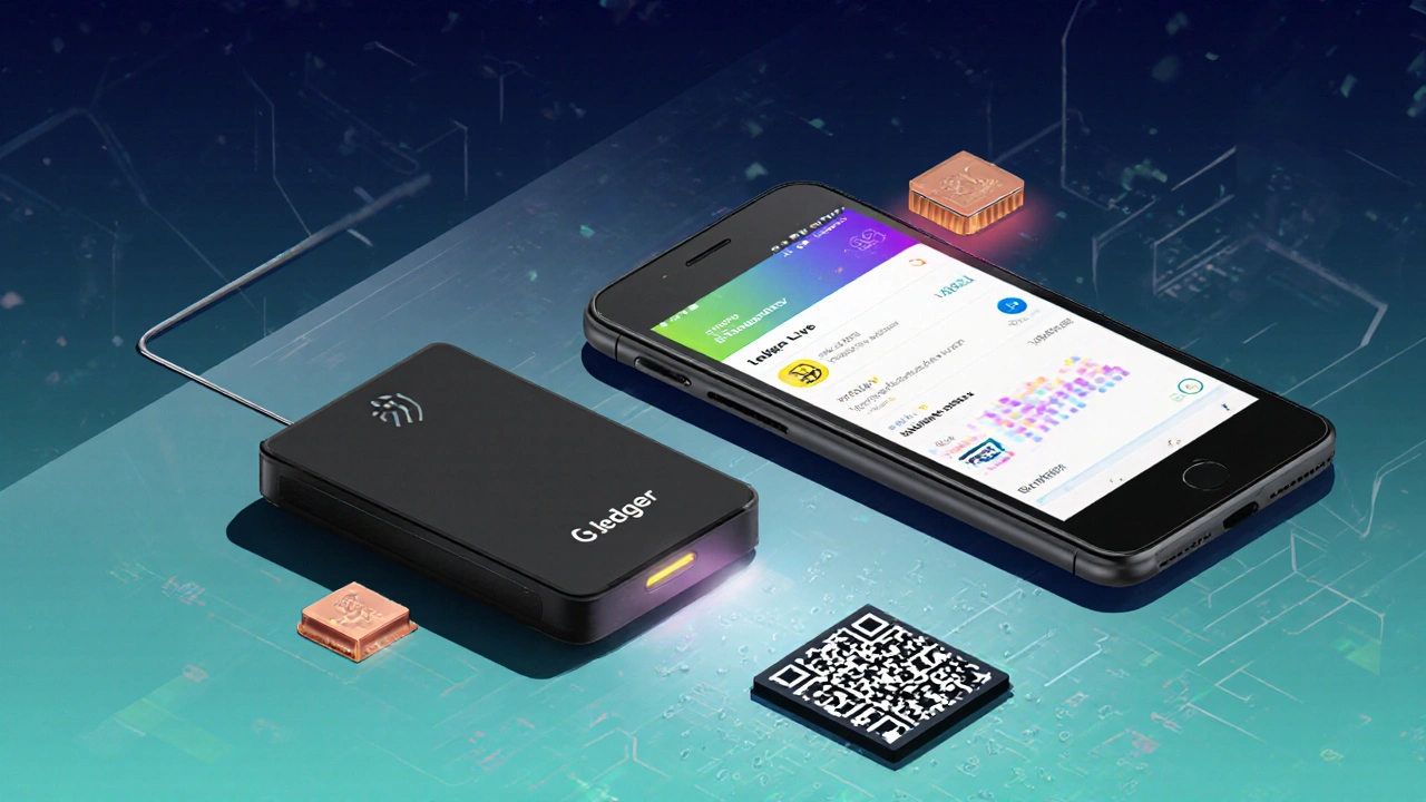 Illustration von Ledger Nano X und Trezor Model T auf einem Technik‑Schreibtisch.