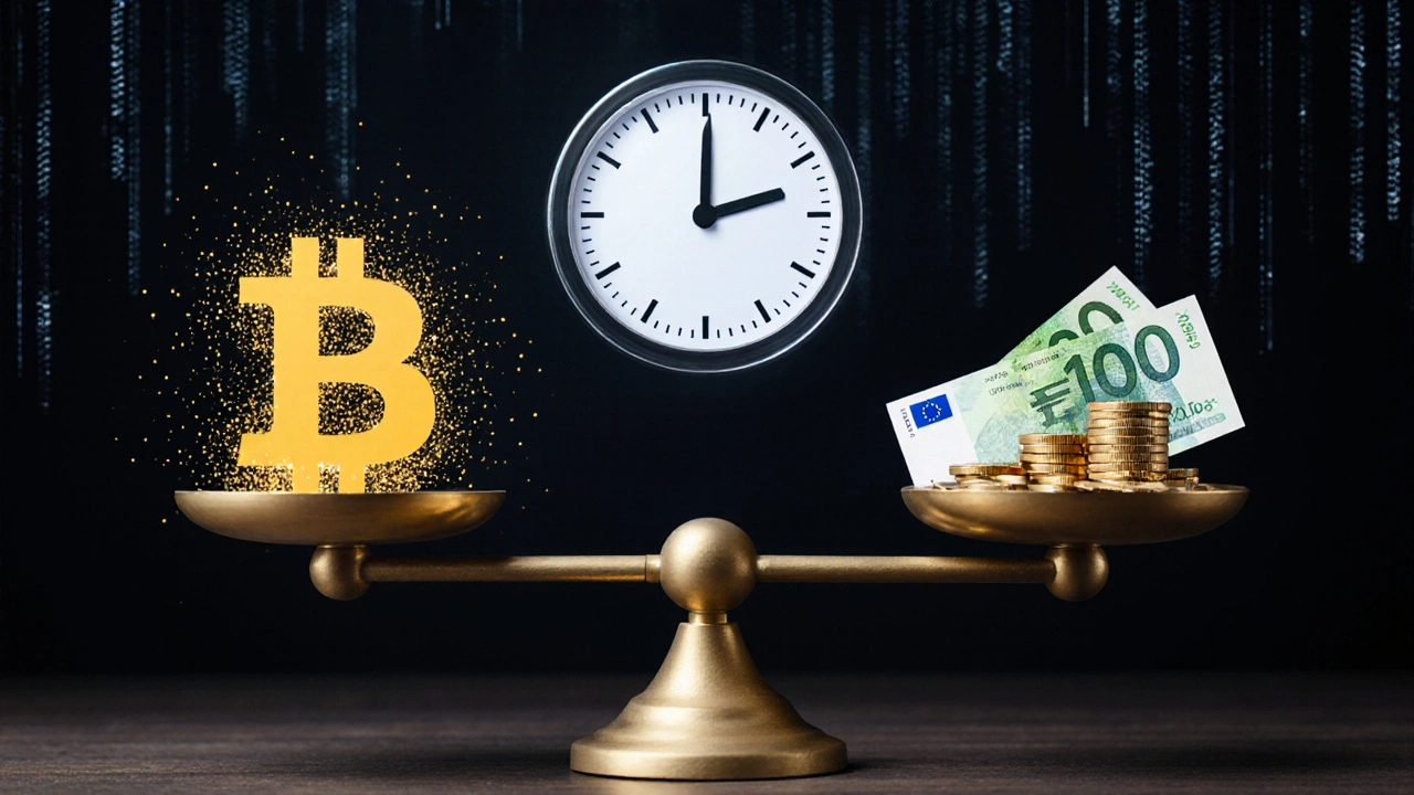 Waage mit Bitcoin und Bargeld, symbolisiert Zeit, Kosten und Sicherheit beim Verkauf.