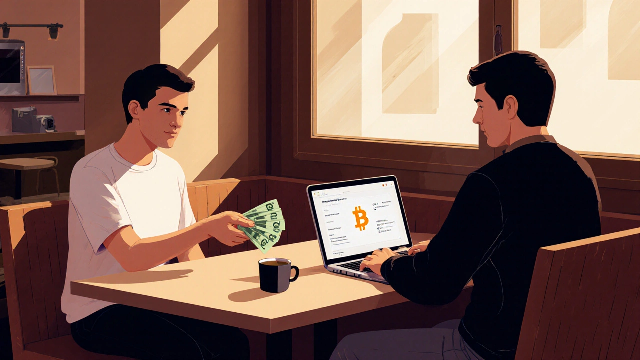 Zwei Personen tauschen Bitcoin gegen Bargeld in einem Café, sicher und diskret.