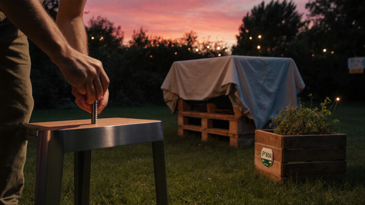 Abendaufnahme im Garten: Person zieht Schraube an Aluminiumstuhl, Teakdeckel, recyceltes Holz.