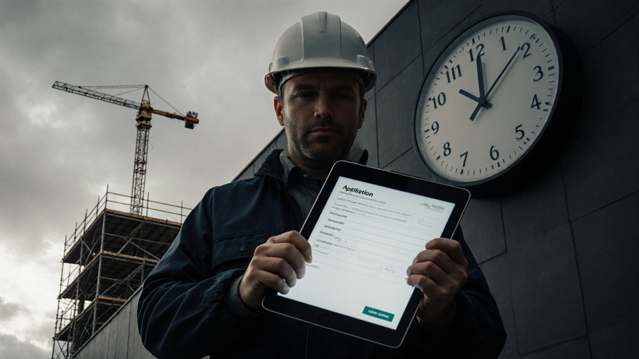Bauherr mit Tablet vor Rathaus, Uhr im Hintergrund, teilweise fertiggestelltes Baugerüst.