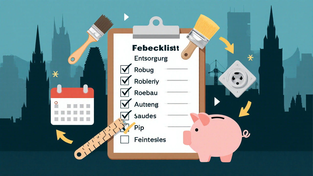 Checkliste auf Klemmbrett mit Symbolen für Messungen, Elektro, Sanitär, Zeitplan und Sparschwein, im Hintergrund München.