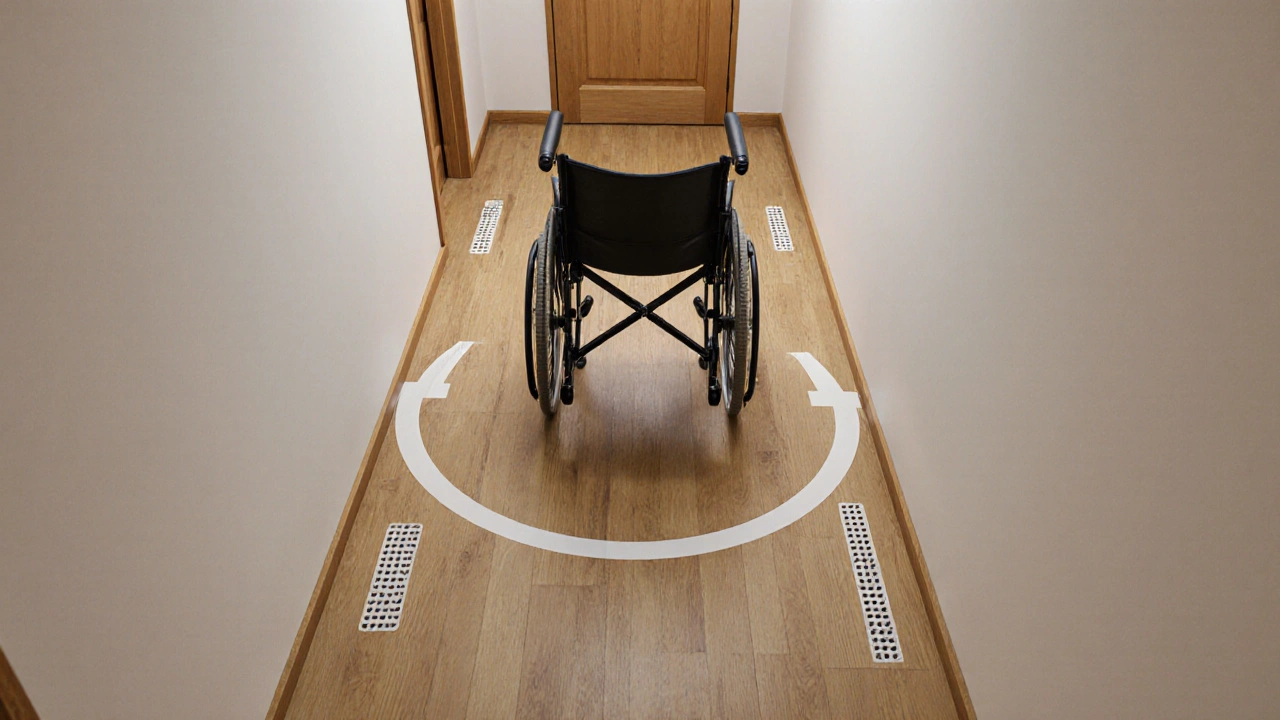 Ein 150 cm x 150 cm großer Wendekreis für einen Rollstuhl in einem Flur mit ausreichend Platz.