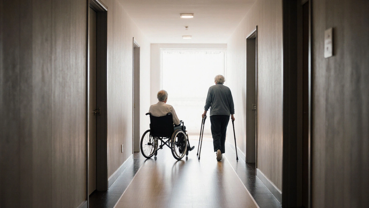 Eine 180 cm x 180 cm große Begegnungsfläche in einem langen Flur, wo zwei Personen mit Gehhilfen vorbeifahren können.