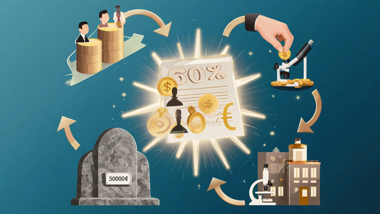 Five abstract investment paths leading to a 500,000€ emblem, representing fund, business, culture, research, and nonprofit options.