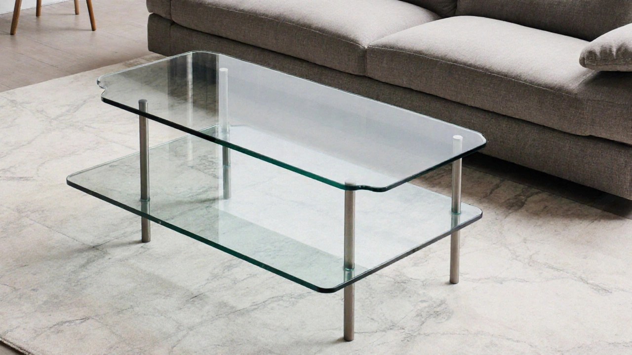 Glas-Couchtisch mit abgerundeten Ecken, der Funktionalität und Eleganz vereint.