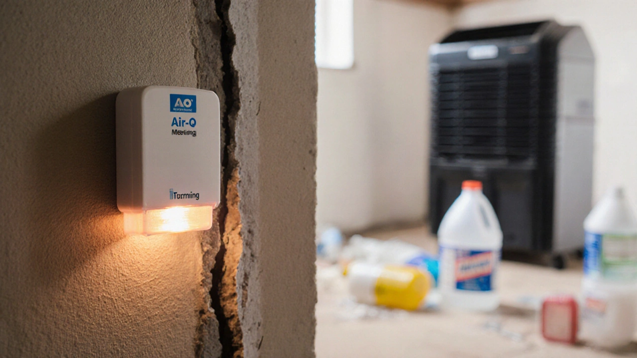 Intelligenter Feuchtigkeitssensor an einer reparierten Kellerwand, neben alten Reinigungsmitteln.