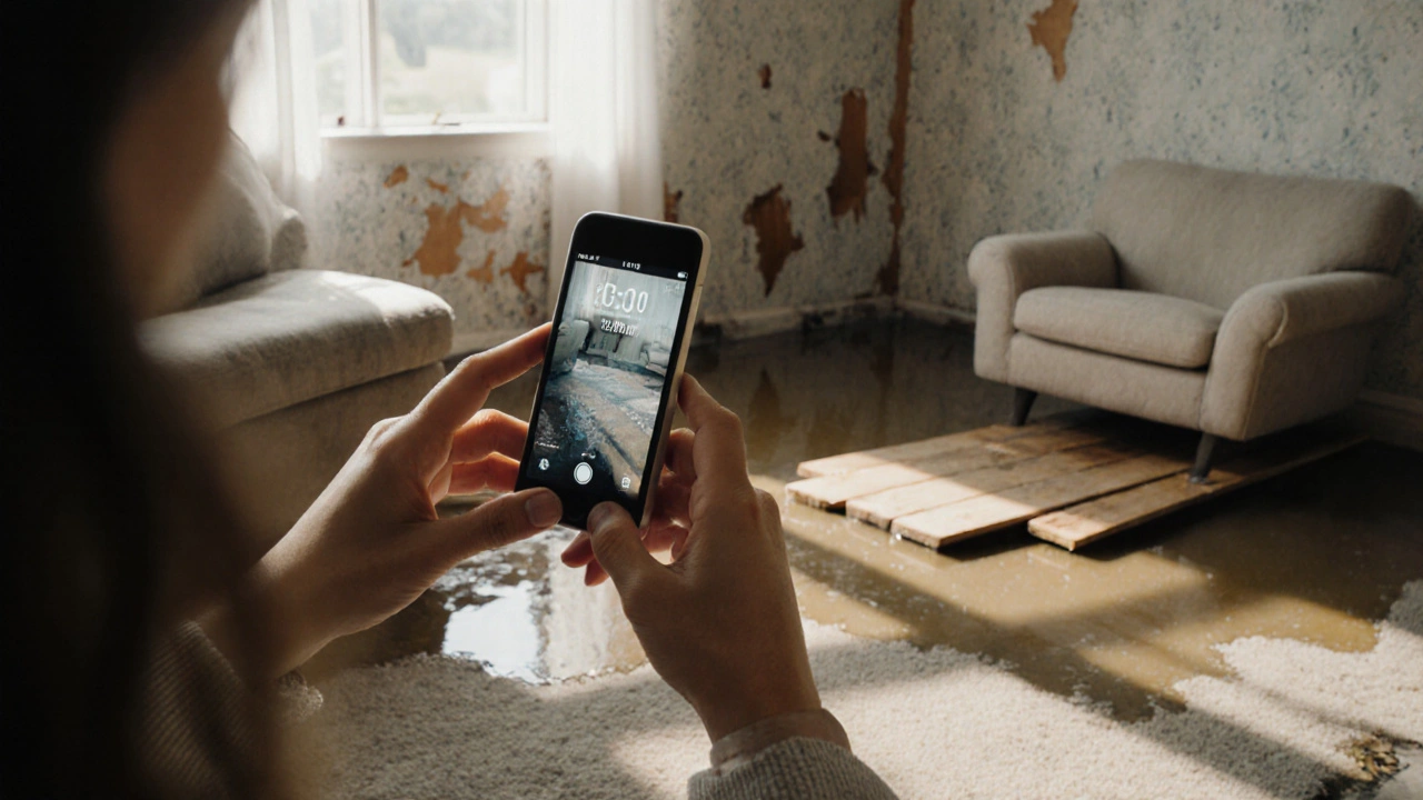 Menschen fotografieren Wasserschaden in einem Wohnzimmer mit feuchten Wänden und überschwemmtem Boden.