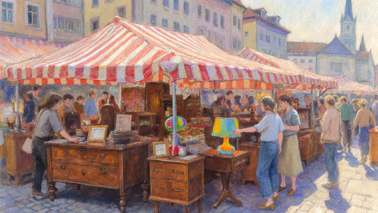Münchner Wochenmarkt‑Stand mit alten Möbeln und interessierten Besuchern.