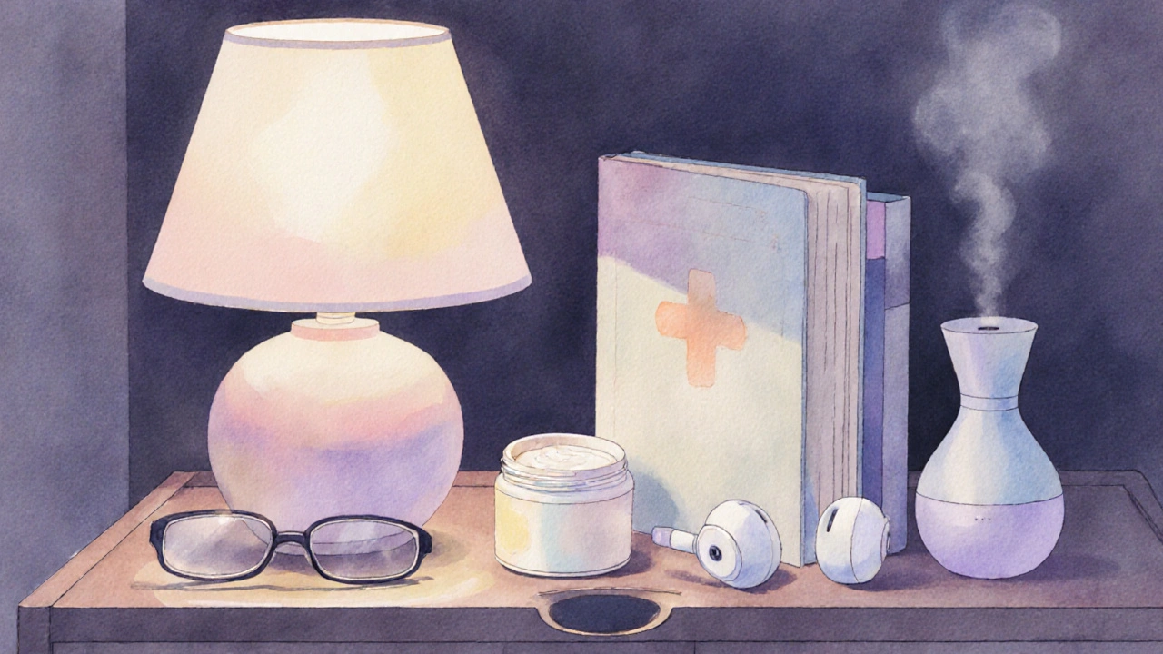 Nachttischschublade mit Hautcreme, Kopfhörern, Erste‑Hilfe‑Set und Aromatherapie‑Diffusor neben Buch.
