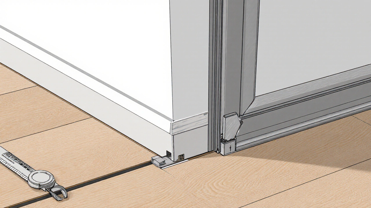 Nahaufnahme von schwimmender Laminatverlegung mit 10 mm Dehnungsfuge und noch nicht eingezogener Türzarge.