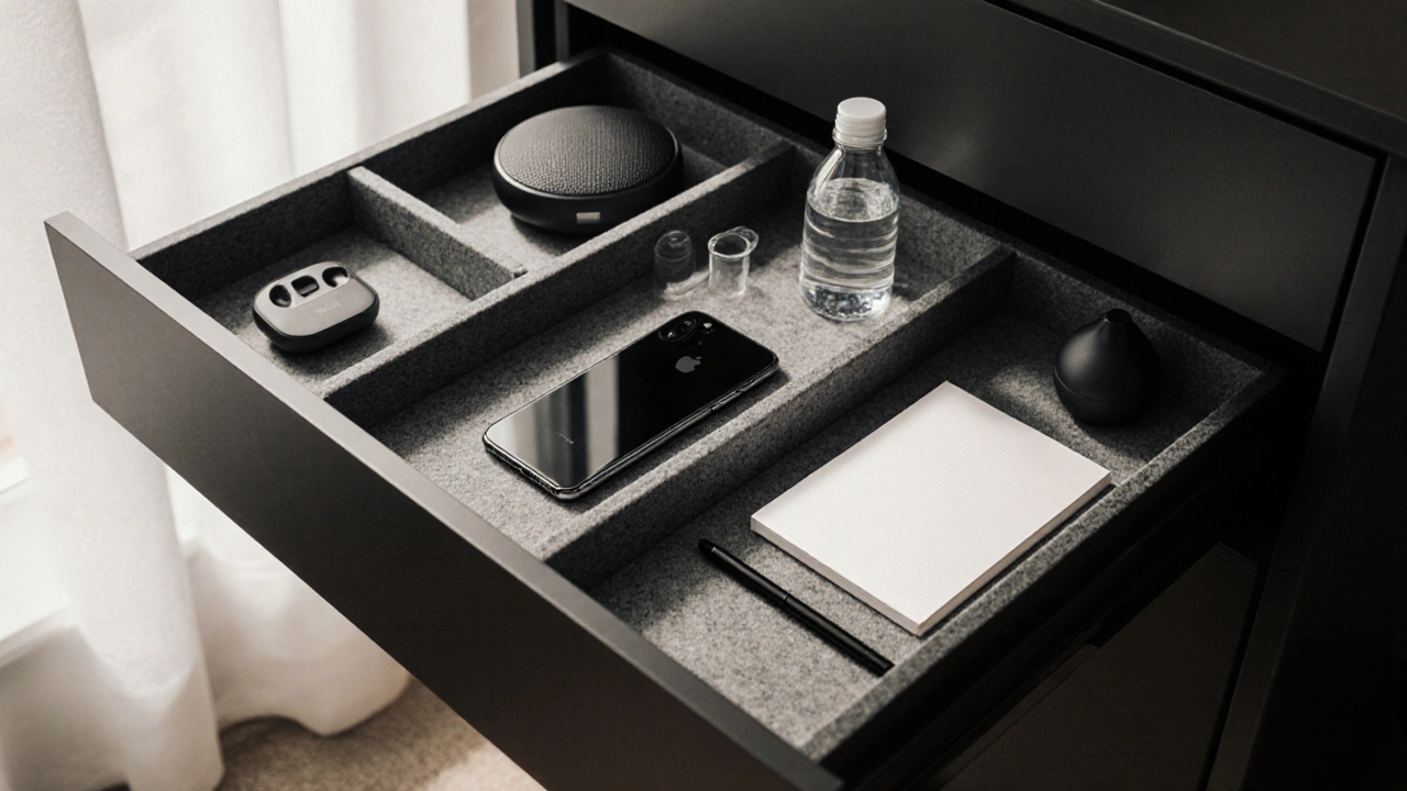 Organisierte Schublade mit USB‑C‑Dock, Smart‑Hub, Bluetooth‑Lautsprecher, Notizblock, Wasserflasche und Trennern.