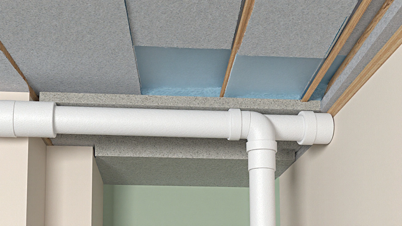 Querschnitt einer gedämmten Kellerdecke mit isolierten Leitungen und Wärmeverteilung.