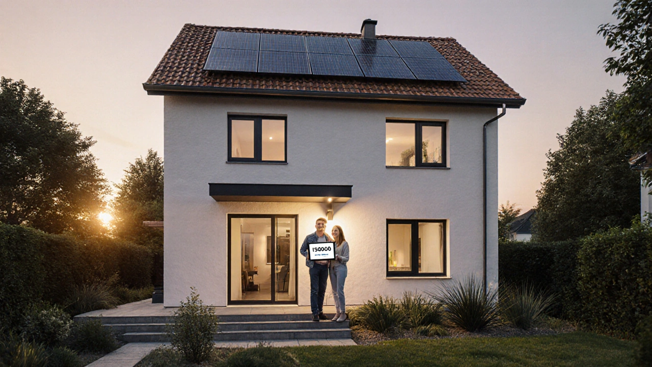 Renoviertes Haus bei Sonnenuntergang, glückliches Paar mit Budget‑Übersicht.