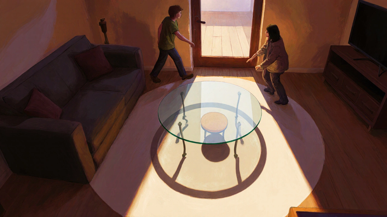 Runder Glas-Couchtisch in einem engen Wohnzimmer, der den Bewegungsraum einschränkt.