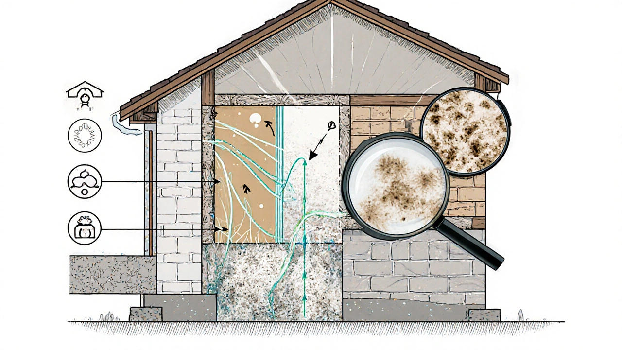 Technische Zeichnung eines Kellerfundaments mit aufsteigender Feuchtigkeit und Schimmelwachstum.