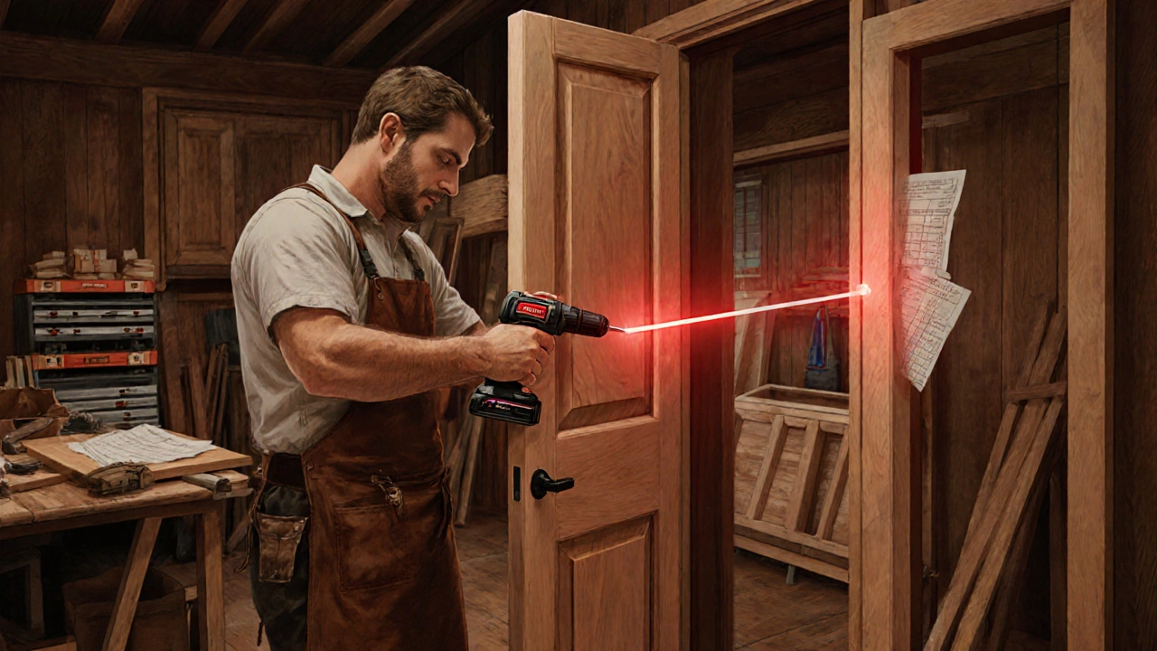 Tischler montiert eine Holztür im Werkstatt, nutzt Laser-Nivelliergerät und Werkzeuge.