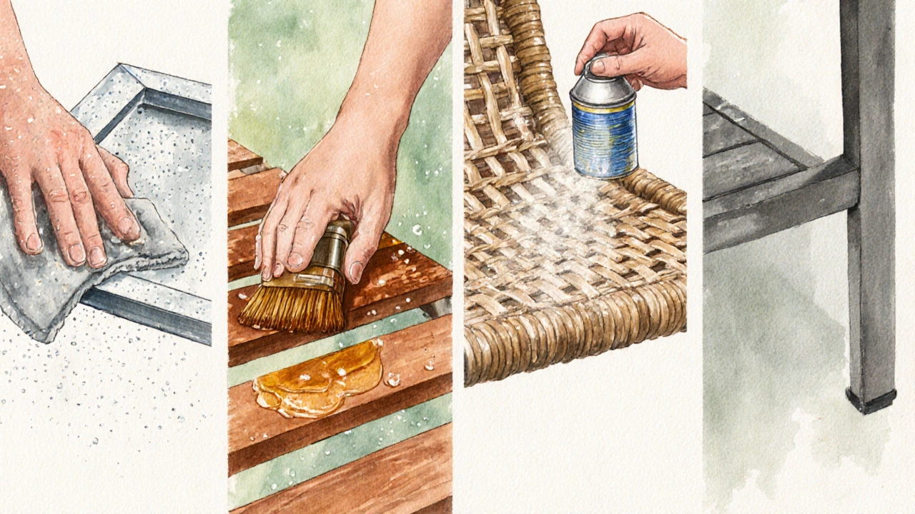 Wasserfarbillustration von Aluminium, Teak, Rattan und Plastik mit Pflegehandlungen.