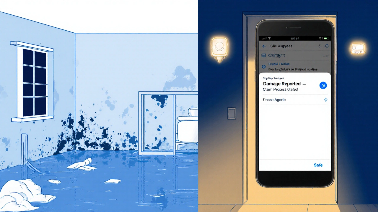 Zweigeteilte Darstellung: links Überschwemmung mit Schimmel, rechts sicheres Zuhause mit intelligenten Sensoren.