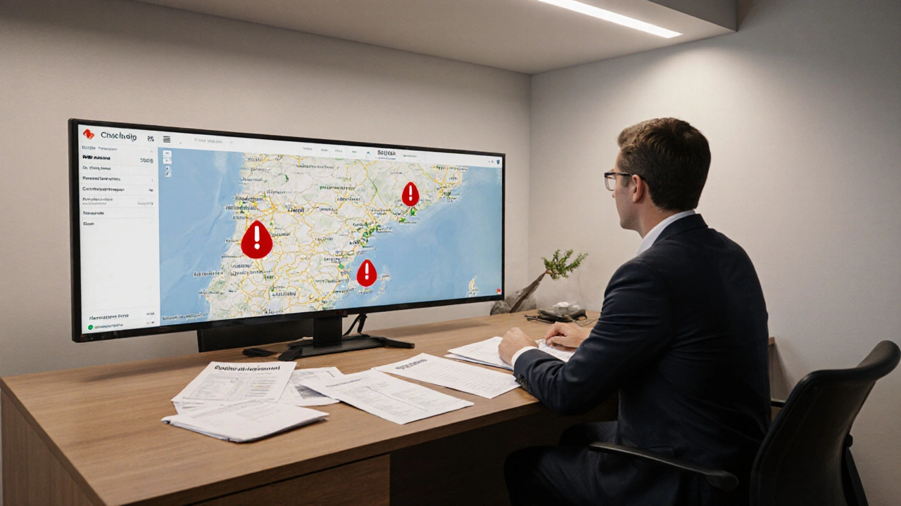 Deutscher Kunde berät sich mit Finanzexperten über Auslandsimmobilienfinanzierung mit Dokumenten aus Spanien und Portugal.