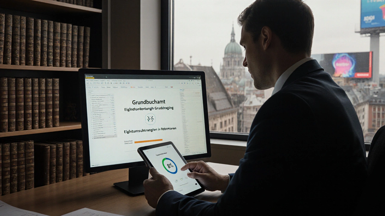 Deutsches Grundbuchamt mit digitalen und traditionellen Unterlagen im Hintergrund.