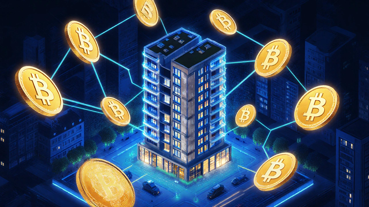 Deutsches Wohnhaus umgeben von 500 leuchtenden digitalen Anteilstoken.