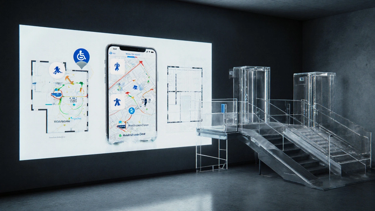 Digitale Evakuierungsanzeige mit Sprachführung und visuellen Pfeilen auf einer Wandprojektion.