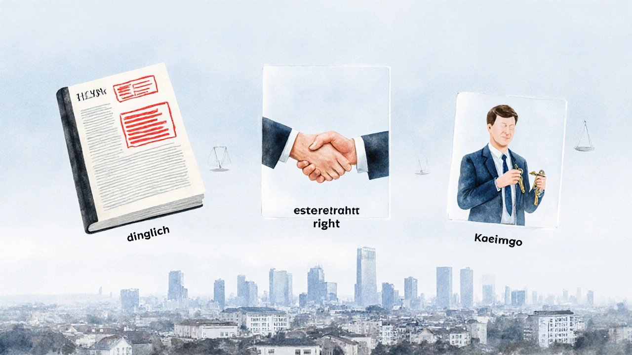 Drei Arten von Vorkaufsrechten als transparente Überlagerungen über einer deutschen Stadt.