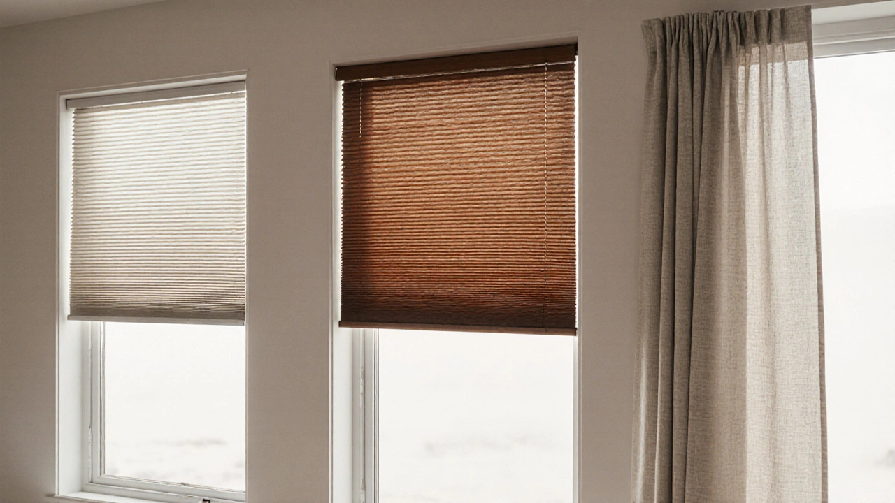 Drei moderne Fensterbeschattungen: Rollos, Plissees und Vorhänge mit natürlichen Materialien und minimalistischem Design.