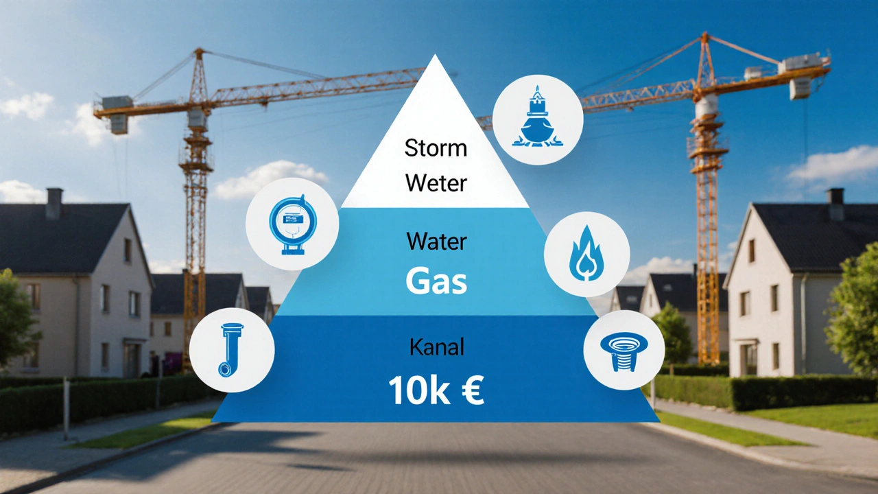 Dreidimensionale Pyramide zeigt die Aufteilung der Anschlusskosten für Strom, Wasser, Gas und Kanal.