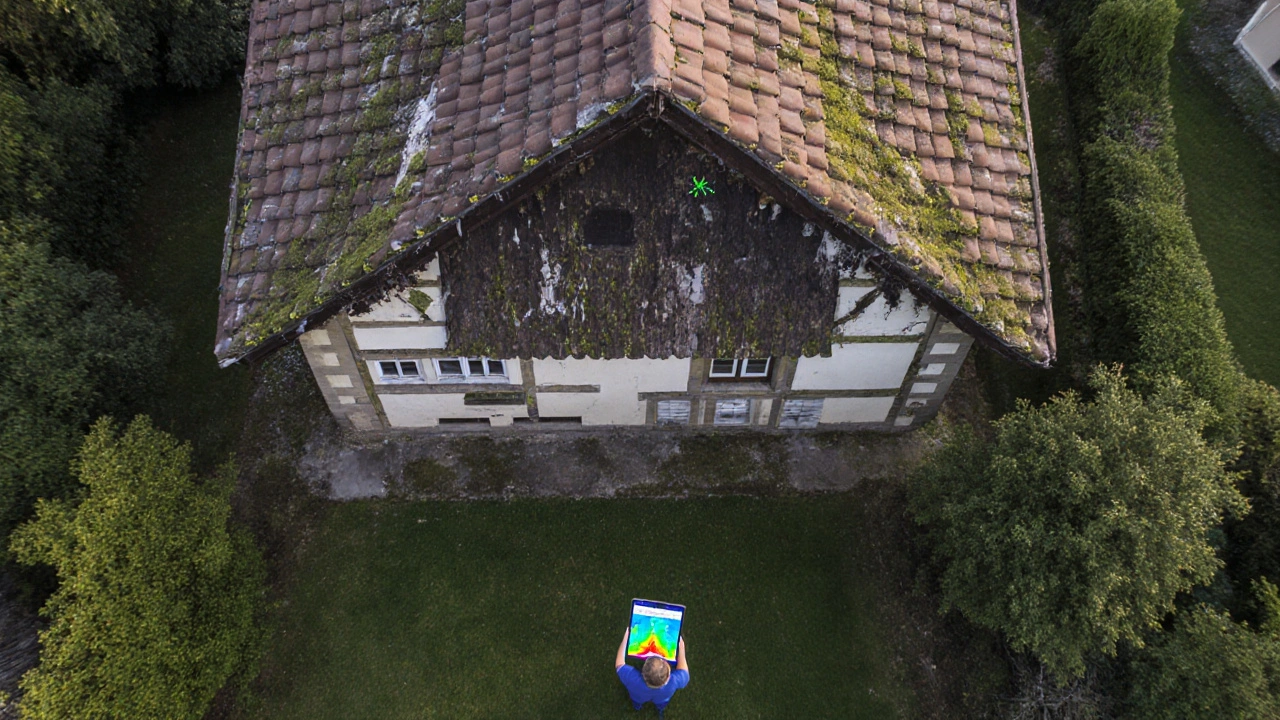 Drohne filmt ein altes Dach mit beschädigten Ziegeln, unten steht eine Person mit Thermografie-Tablet.