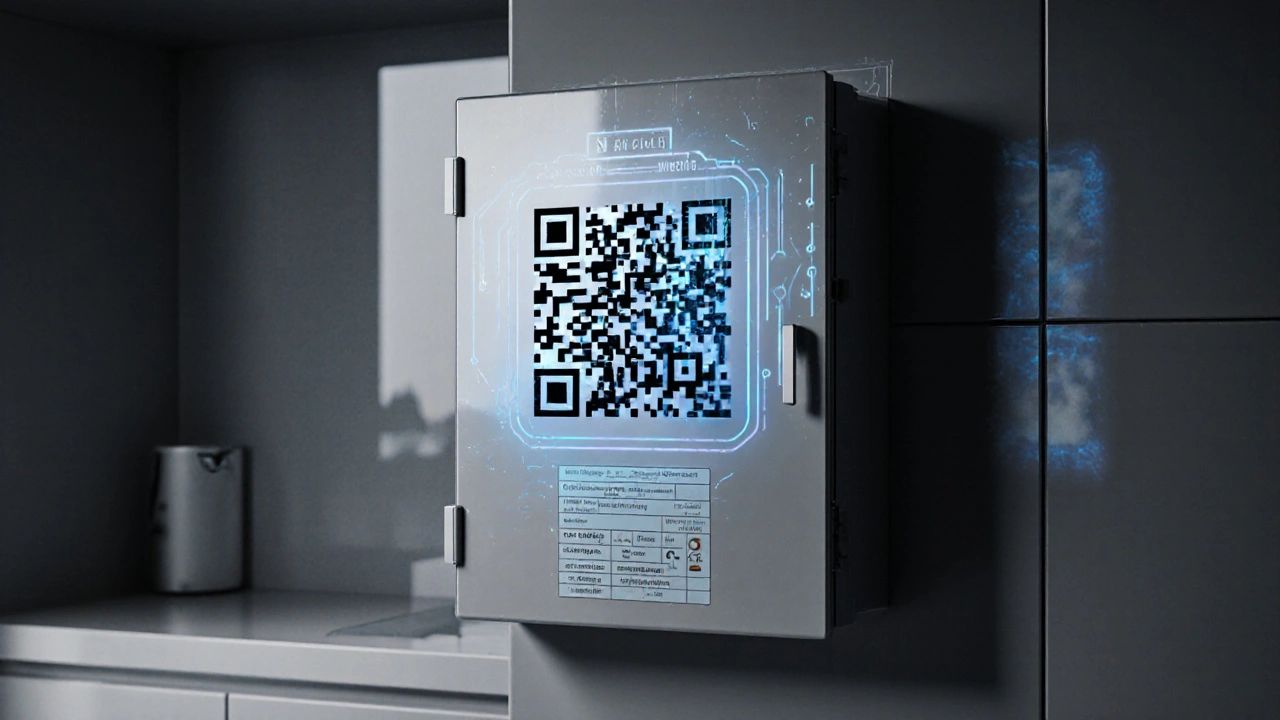 Elektrische Verteilung mit QR-Code, der digitale Schaltpläne zeigt, neben physischen Etiketten für Sicherheit.