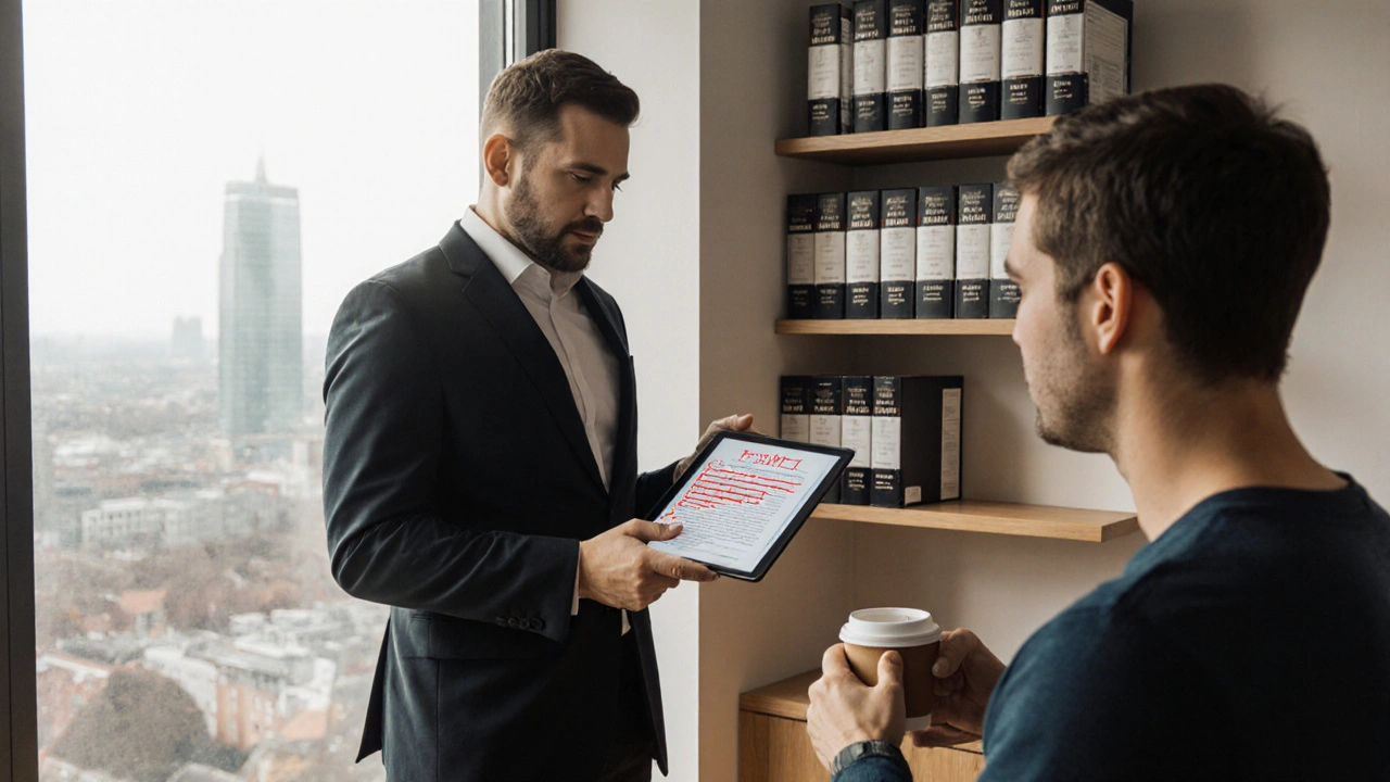 Fachanwalt für Immobilienrecht erklärt einem Mandanten einen Kaufvertrag in einer modernen Kanzlei mit Stadtblick.