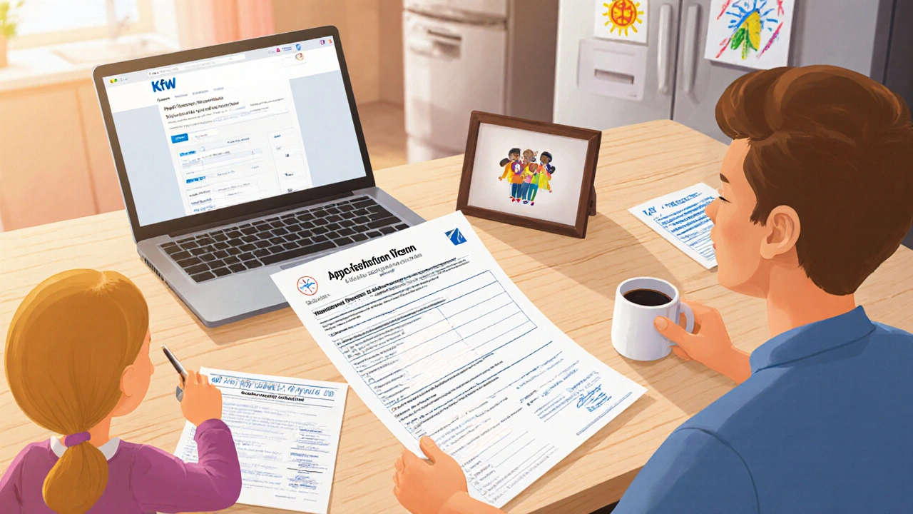 Familie bearbeitet den Antrag für Wohneigentum für Familien am Küchentisch mit Energieausweis und Steuerbescheiden.