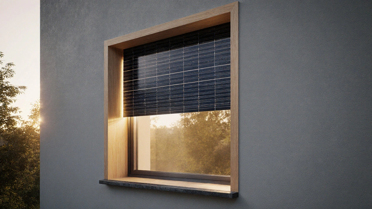 Fenster mit integrierter Photovoltaik-Rolle, umgeben von Holz und Grautönen, im Abendlicht, technologisch und natürlich vereint.