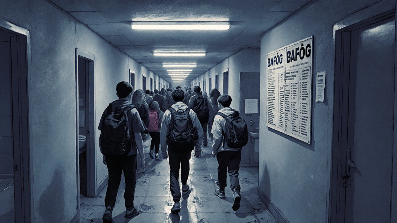 Gemeinschaftsflur in einem studentischen Wohnheim mit einfachen Möbeln und Warteliste.