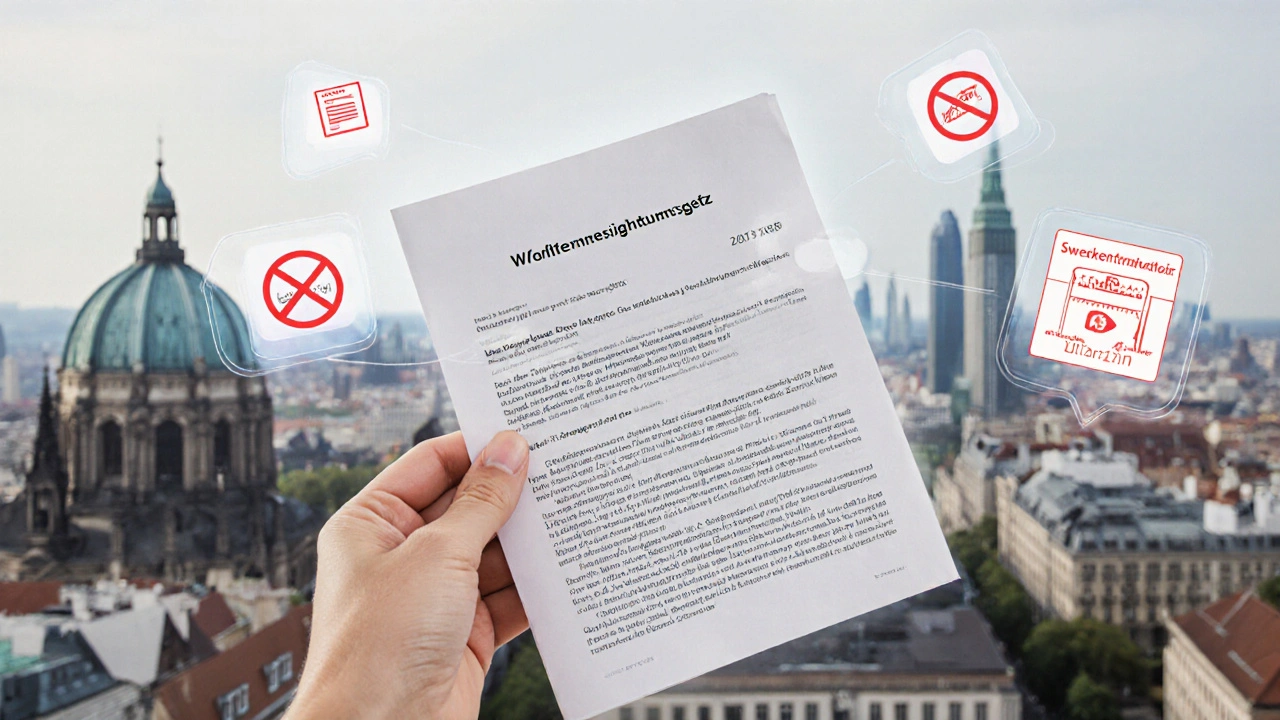 Hand hält Wohnungseigentumsgesetz mit schwebenden rechtlichen Begriffen und städtischen Silhouetten im Hintergrund.