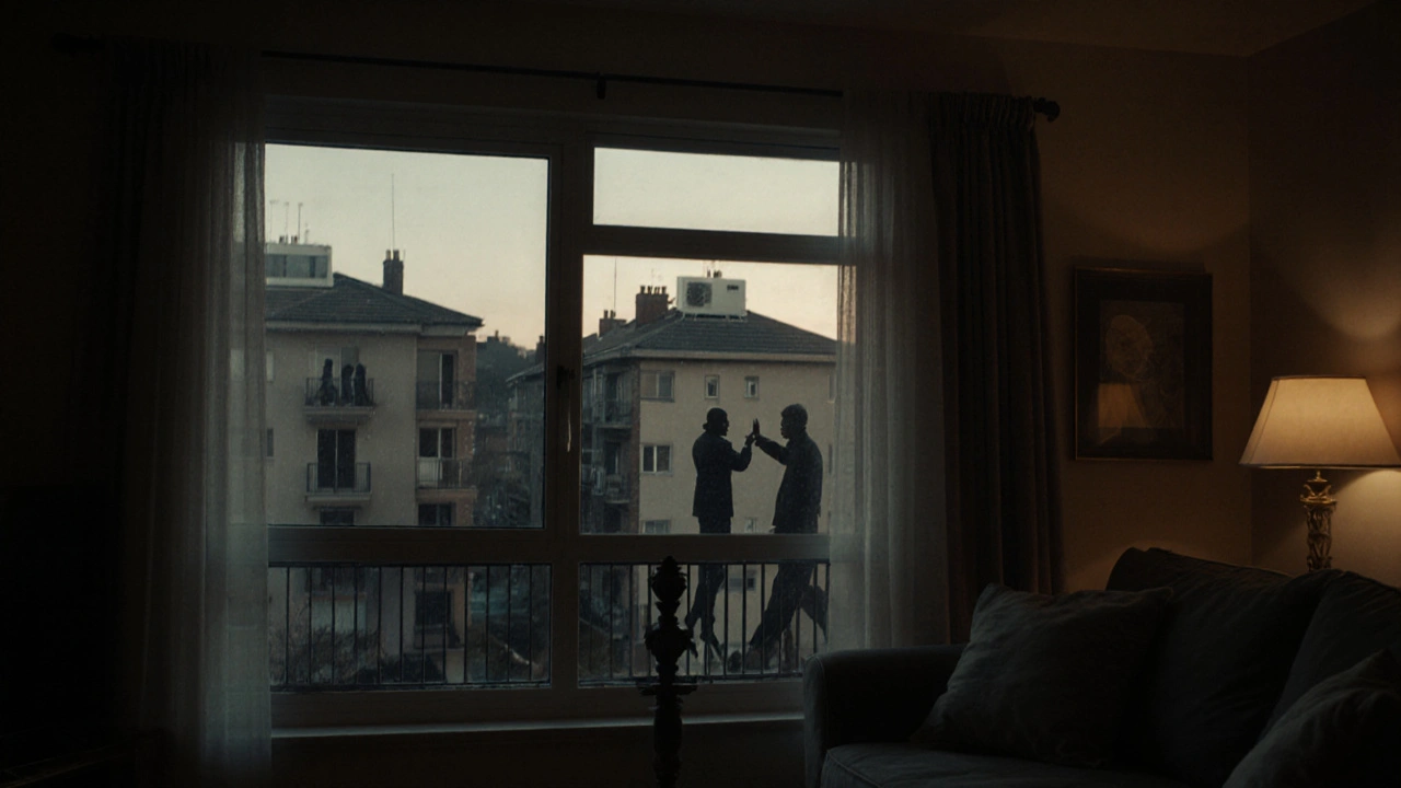 Innenansicht eines schallisolierten Wohnzimmers mit dicken Fenstern, gegenüber dünnen Wänden und lautem Balkongespräch.