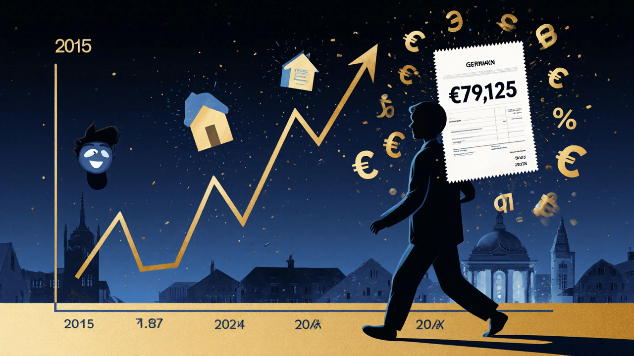 Künstlerische Darstellung einer Immobilie mit steigendem Wert und einer Person, die eine große Steuerrechnung hinter sich lässt.