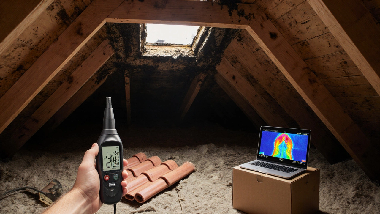 Menschen halten Feuchtemesser an feuchte Holzbalken im Dachboden, Schimmel ist sichtbar.