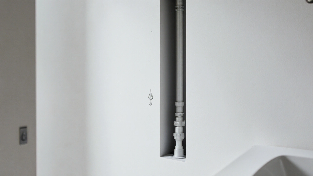 Modernes Badezimmer mit unsichtbar verlegten Rohren in der Wand, glatte Wandfläche.