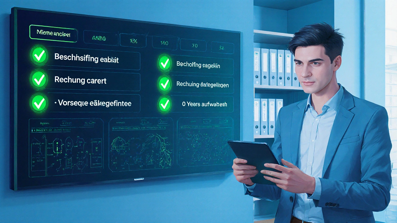 Modernes Baubüro mit digitaler Compliance-Anzeige und archivierten Unterlagen.