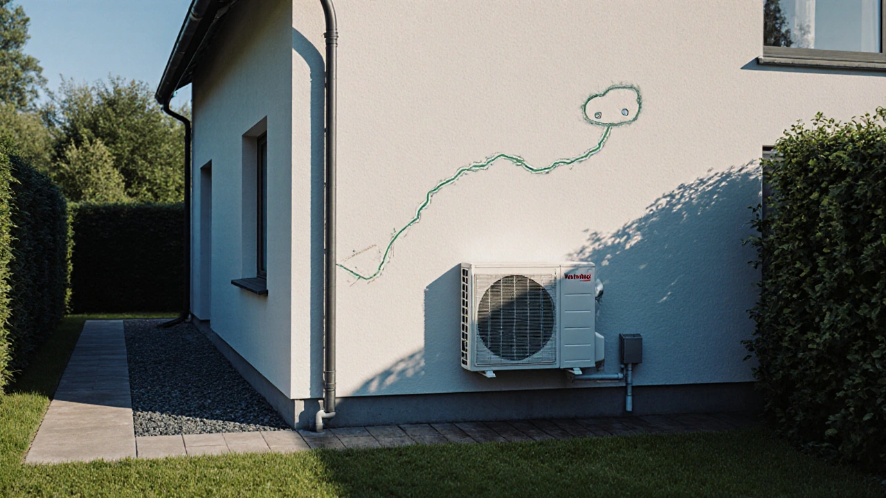 Modernes Haus mit Wärmepumpe und keinem Gasanschluss, Regenwasserversickerung im Garten.