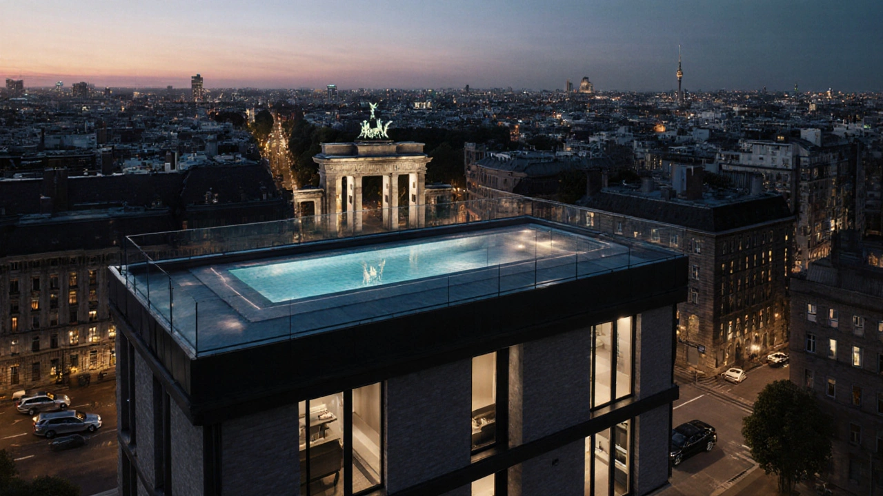 Penthouse in Berlin-Mitte mit Panoramablick und Dachspa im Abendlicht.
