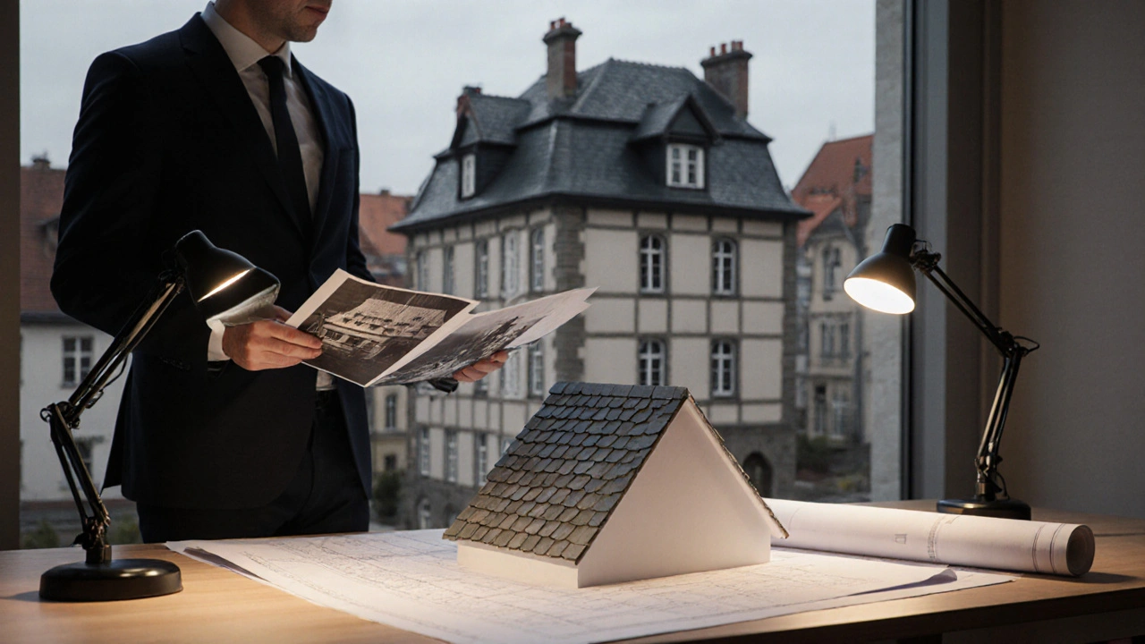 Planungsphase einer denkmalgerechten Gaube: Architekten mit Fotogrammetrie-Scans und Modell einer Schleppgaube auf dem Tisch.