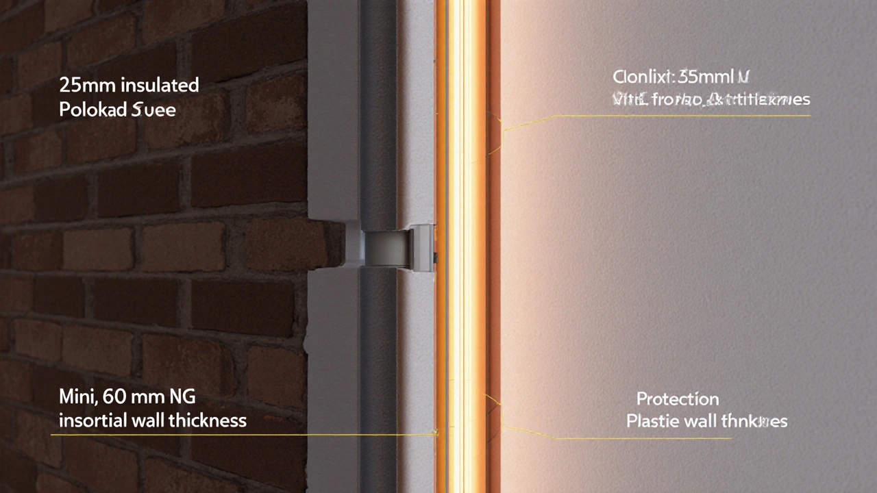Querschnitt einer Wand mit isoliertem Abwasserrohr in vertikaler Nut und Schutzputz.