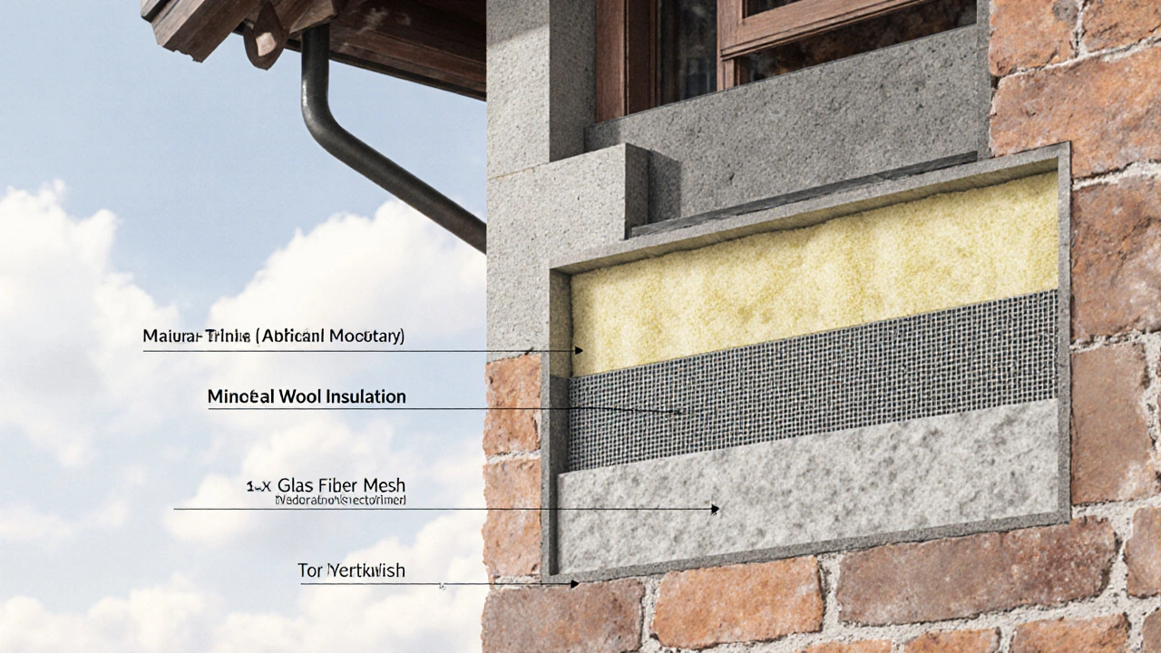 Querschnitt einer WDVS-Fassade mit fünf Schichten: Dämmung, Kleber, Gewebe und Oberputz in technischer Zeichnungsästhetik.