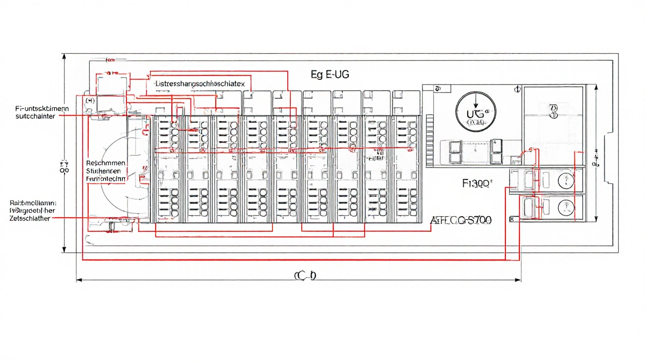 Schematische Darstellung einer DIN-konformen Verteilung mit Schutzschaltern und Hutschienen auf 18-mm-Modulbasis.