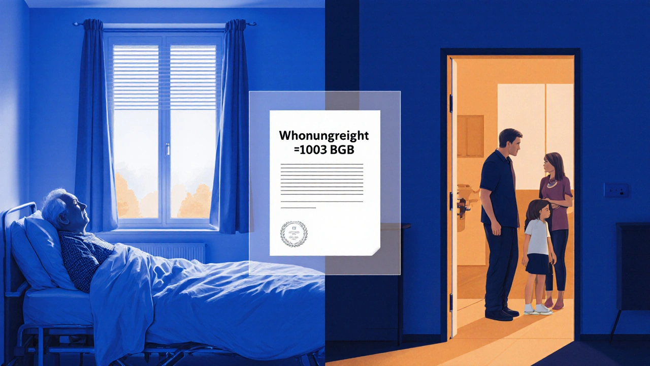 Split scene: person in nursing home and children outside locked apartment, legal document floating between them as barrier.